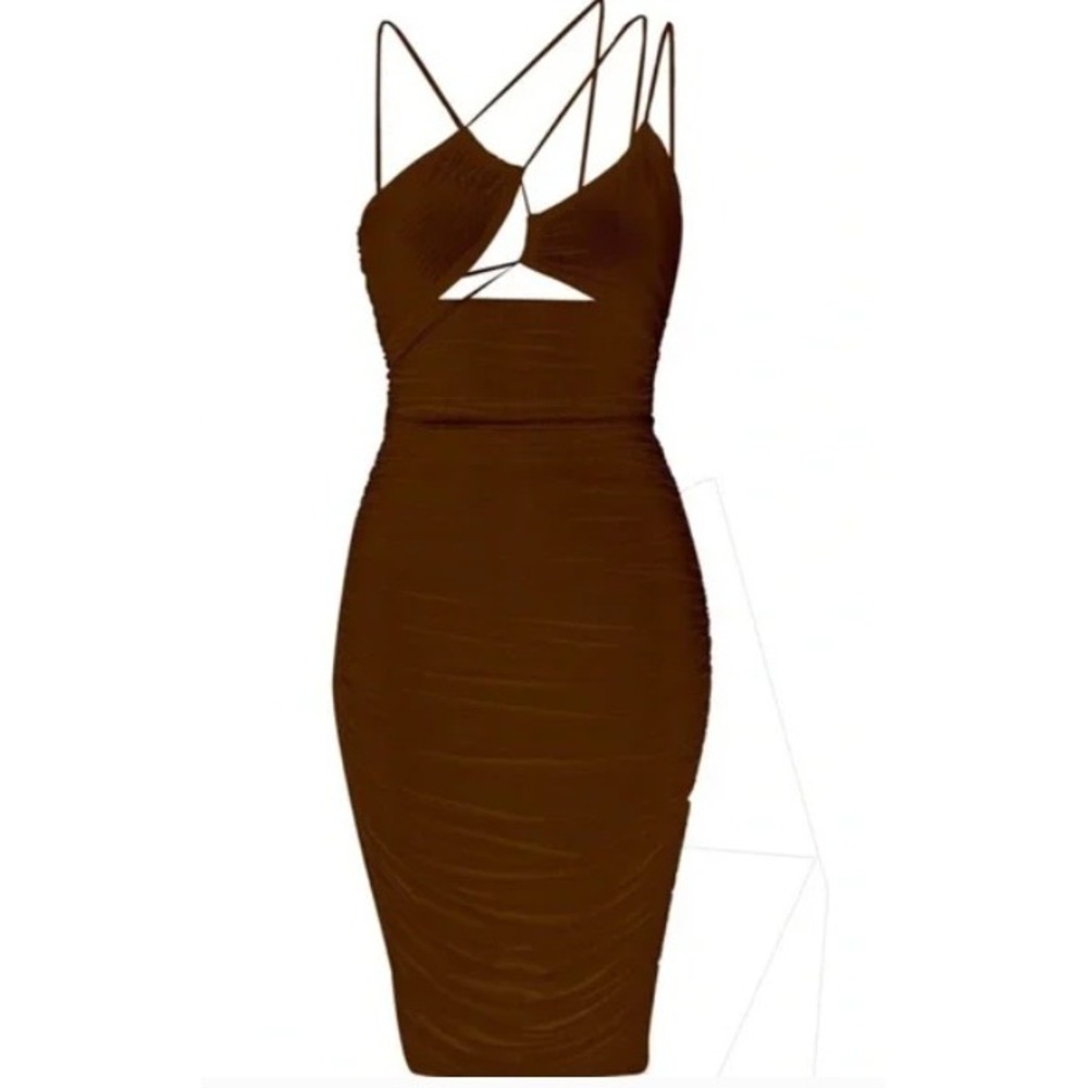 LEAU Seoul Strap Brown Mesh Ruched Cutout Bodycon Midi Dress‎ Womens M NWT